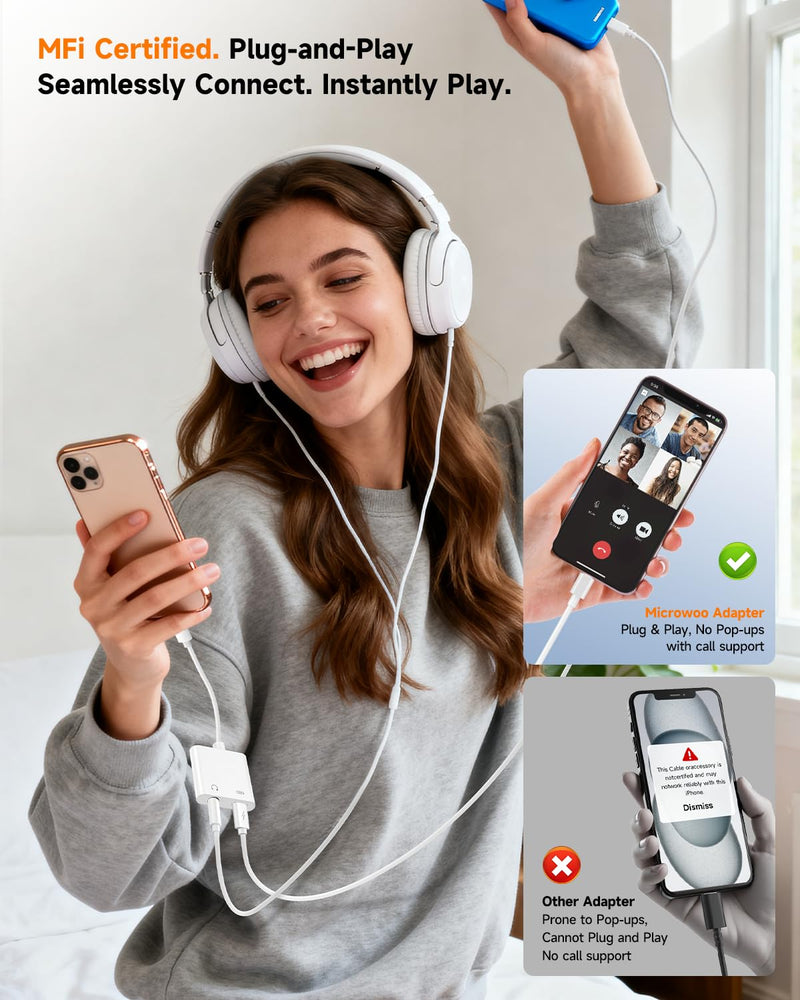 [MFi Certified] 2-in-1 Lightning to 3.5mm Audio & Charger Splitter for Headphones & Fast Charge, Compatible with iPhone 14/13/12/11/X/8/iPad - Car AUX, Gaming, Live Streaming, Work & Travel (1, White) White-1Pack