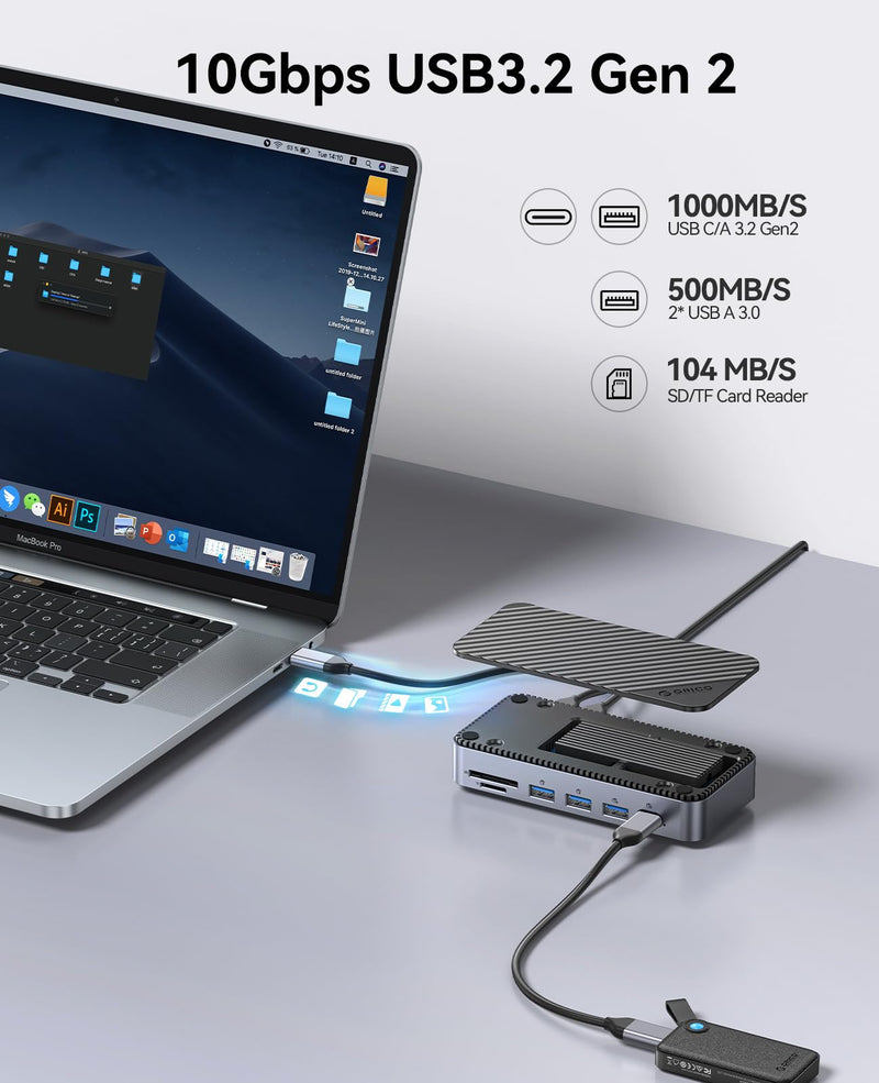 ORICO 12-in-1 USB C Hub with M.2 SSD Enclosure 10Gbps, Tool-Free USB C Docking Station with Built-in Fan, HDMI, DP, Gigabit Ethernet, 100W PD, SD/TF, Audio/Mic, USB A & Type C for Laptop Mac-M2P11