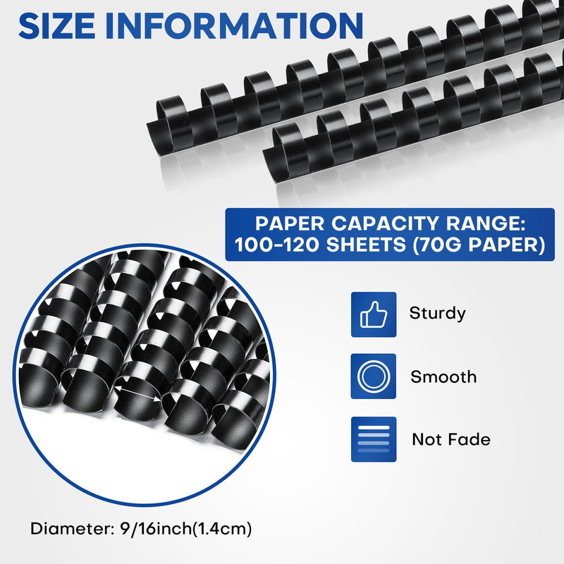 MYFULLY 21 Ring Plastic Binding Combs, 9/16 Inch Diameter, 120 Sheet Capacity, 100 Pack Black Comb Binding Spines– Perfect for Office & School Letter Size Document Binding