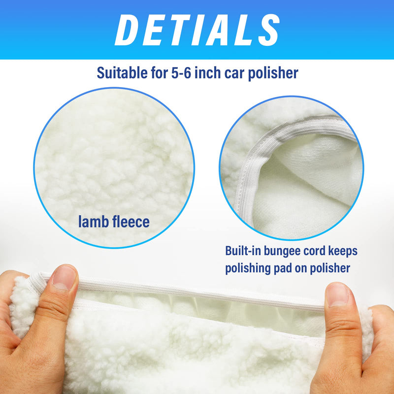 6 PCS Car Polishing Bonnet Buffing Pad Lamb Fleece Buffing Pad Cover for 5" - 6" Car Polisher, White White (Lamb Fleece) 5-6 Inch