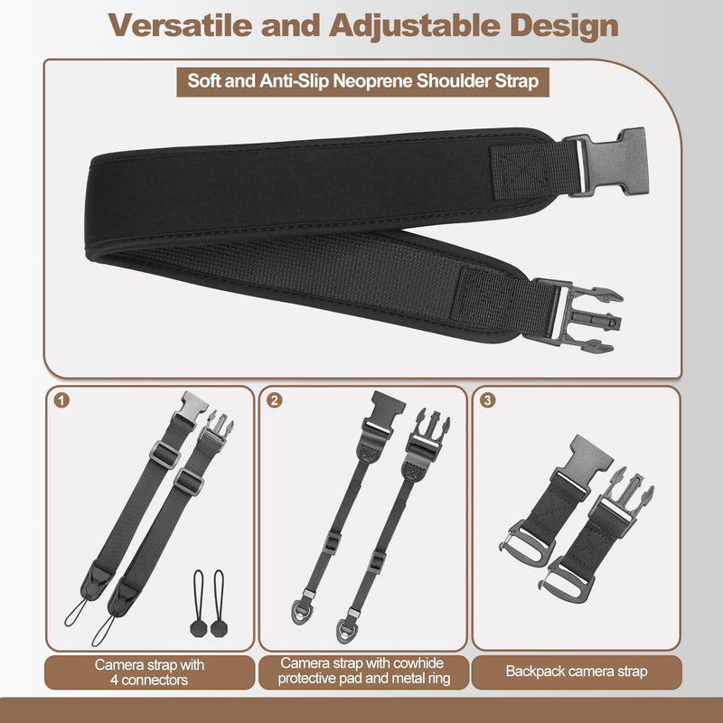 YFWE Adjustable Camera Neck Strap, Soft Neoprene Shoulder Belt with 4 Connection Ways, Anti-Slip Camera Strap for DSLR, Mirrorless & Camcorder, Travel & Outdoor Photography Gear Black