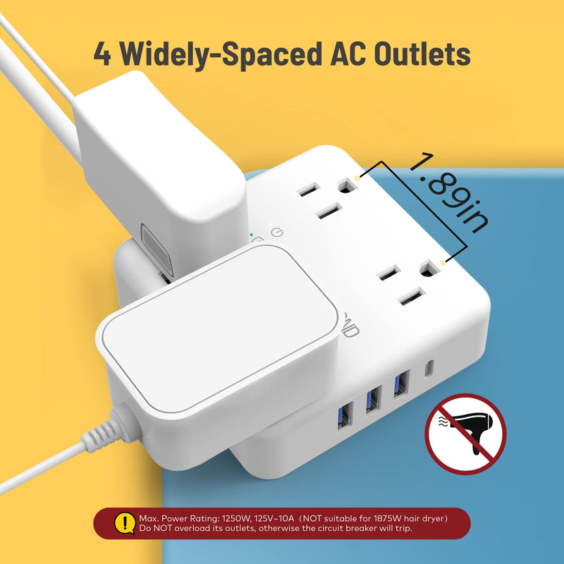  [AUSTRALIA] - TROND Power Strip Surge Protector - Ultra Thin Flat Plug 5ft Extension Cord with 4 USB Ports(1 USB C Charger), 4 Widely-Spaced Outlets, Compact & Small, 1440J, Wall Mount for Home Office Dorm, White 5 FT