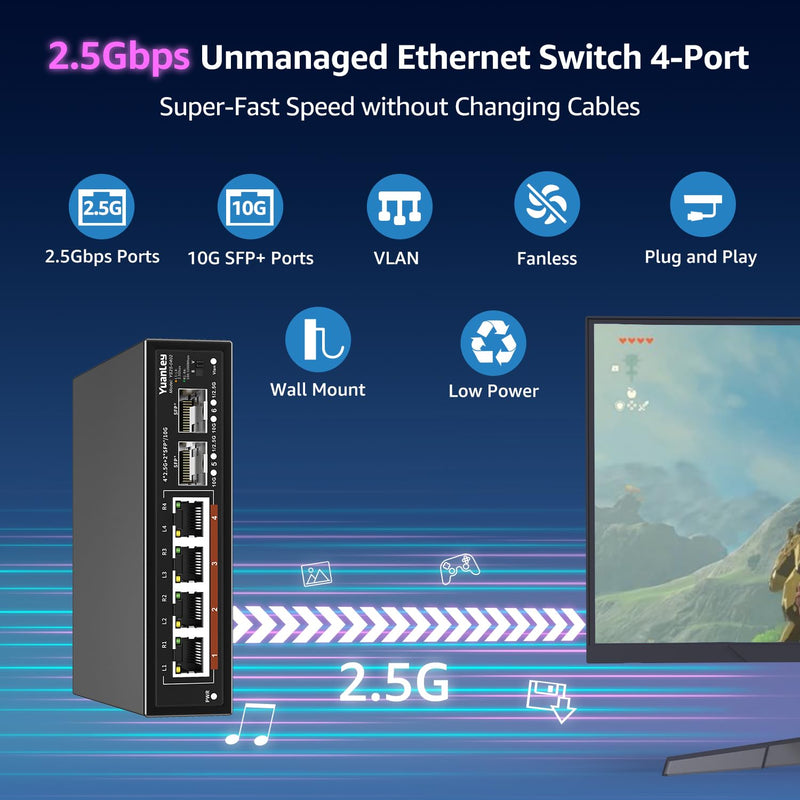 6 Port 2.5G Unmanaged Ethernet Switch, 4 x 2.5G Base-T Ports, 2 x 10G SFP, Compatible with 100/1000/2500Mbps, VLAN, Fanless, Desktop/Wall Mount YuanLey 2.5Gbe Network Switch for Wireless AP, NAS, PC 6 Port | 4x2.5G +2x10G SFP