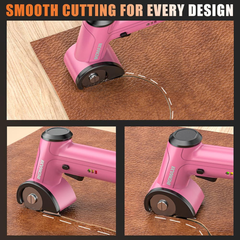 KOMAX Cordless Electric Scissors,4V Cardboard Cutter with 3 Blades,Rechargeable 2000mAh Battery,Storage Box,Fabric Scissors Electric Box Cutter for Cardboard,Leather,Carpet,Fabric,Plastic - Pink
