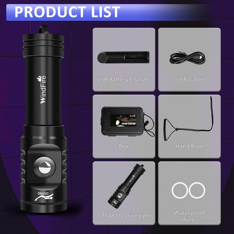 WINDFIRE Dive Light, 395 nm UV Scuba Flashlight, Waterproof Black Light Flashlight with Power Indicator for Scuba Diving, Underwater Fluorescence & Pet Urine Detection TS08_Purple Light