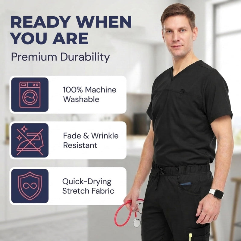 Medichic Men's Workwear Stretch V-Neck Scrub Joggers Set with Seven-Pocket Pants, Available in 6+ Colors Black Medium
