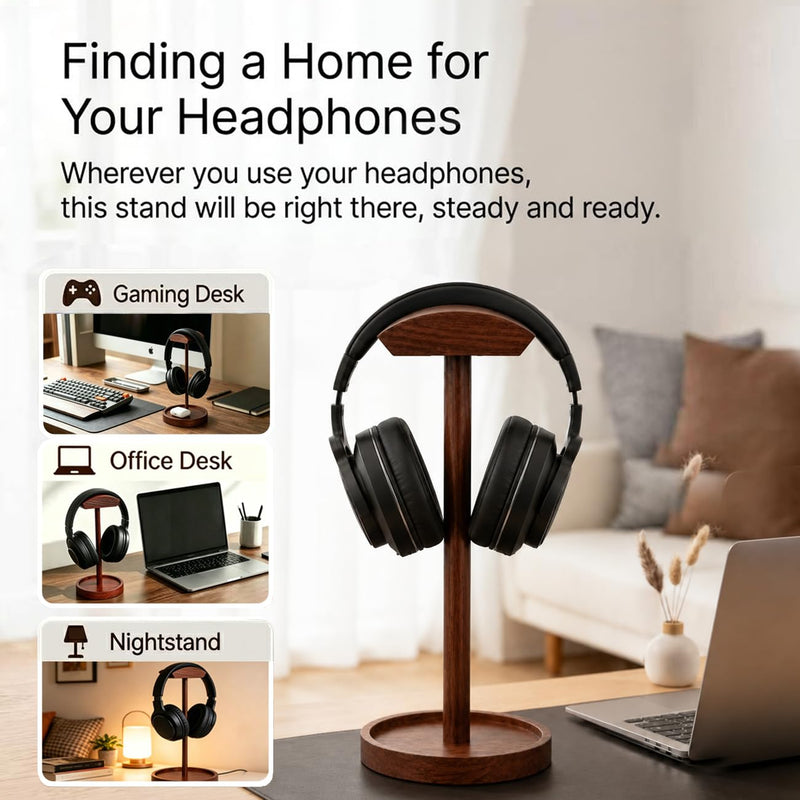 Headphone Stand Nature Wood Headset Hanger Mount Hook Gaming Holder Desktop Earphone Artful Functional Stand for All Headsets with Solid Wooden Base Walnut Storage Base