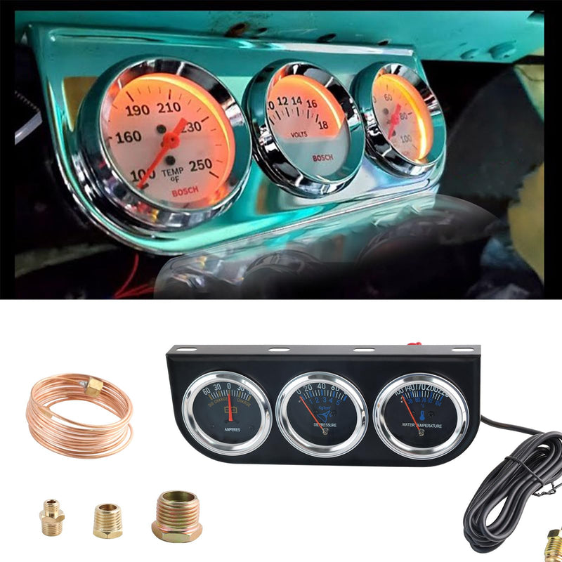 Triple Gauge Kit Oil/AMP/Water,Mechanical 2'' 52mm Chrome Triple Gauge Set Water Temp Oil Pressure AMP Meter