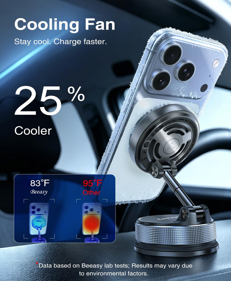 Beeasy 25W Qi2.2 MagSafe Car Mount Charger Built-in Cooling Fan, Upgraded Vacuum Suction Cup 360° Rotation, Magnetic Wireless Car Charger with 63W Adapter for iPhone 17 16 Pro Max Samsung S26 Ultra Black