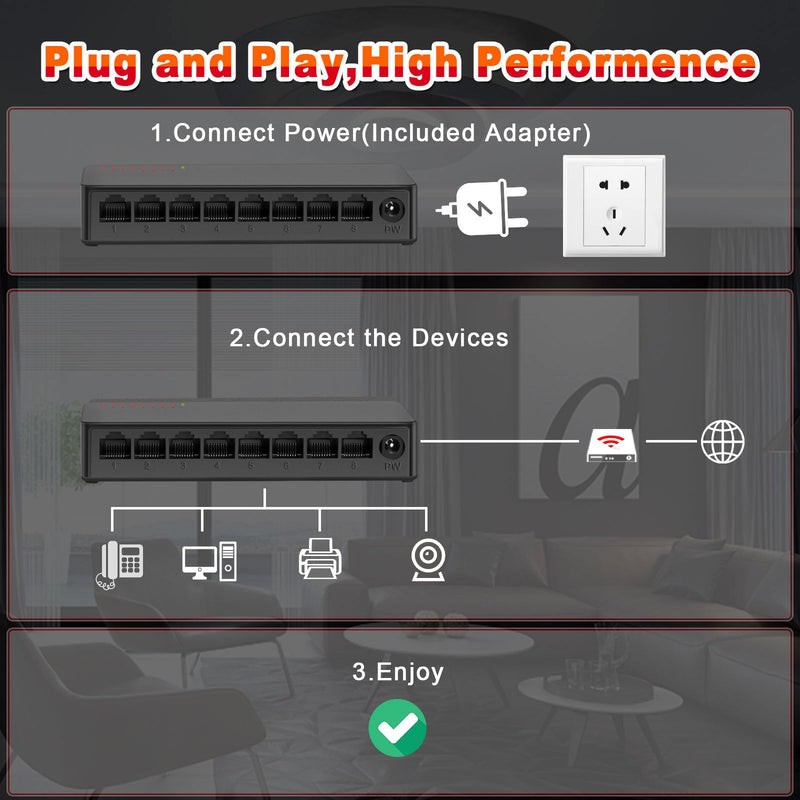 8 Ports Gigabit Ethernet Switch Unmanaged, Network Switch Supported Desktop or Wall Mount,1000Mbps Ethernet SplitterPlug & Play|Fanless Design|Shielded Ports|Traffic Optimization 8 Port丨8x 1000Mbps Gigabit Port