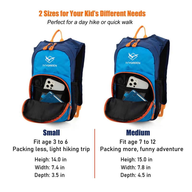 Ivygreen Kids Hydration Backpack, Hiking Backpack for Boys or Girls with 1.5L Water Bladder Blue - Small