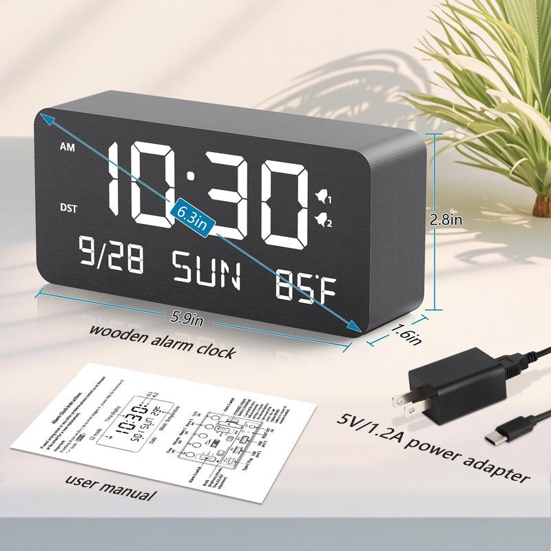 Wooden Digital Alarm Clock for Bedroom - Desk Clock with Date, Day of Week, Temperature, Dual Alarms, Dimmer, USB Port Charge, DST, Adjustable Volume for Living Room/Office Wood Decor (Black) Bl-rectangle