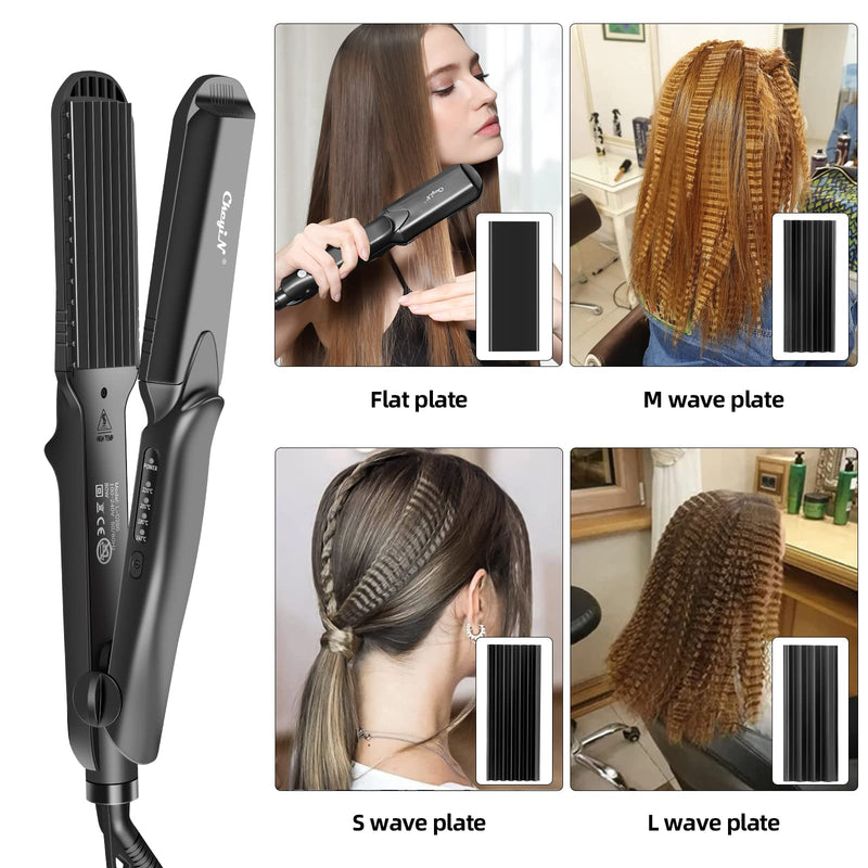  [AUSTRALIA] - Hair Crimper, CkeyiN Professional Crimping Iron and Straighter with Heat Resistant Glove Adjustable Temperature Dual Voltage 4 Interchangeable Ceramic Plates (Black) Black