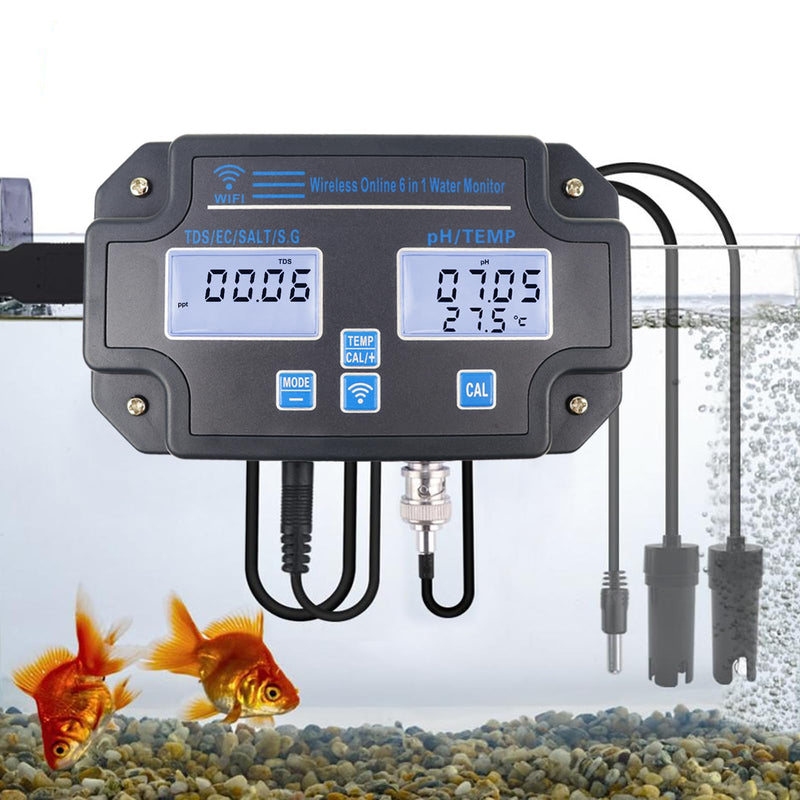 Water Quality Tester pH/EC/TDS/Salinity/SG/Temperature with Easy Calibration 24Hrs Online APP Monitoring for Fish Tank Aquariums Home Laboratory Smart Instrument 6 in 1 Digital pH Meter