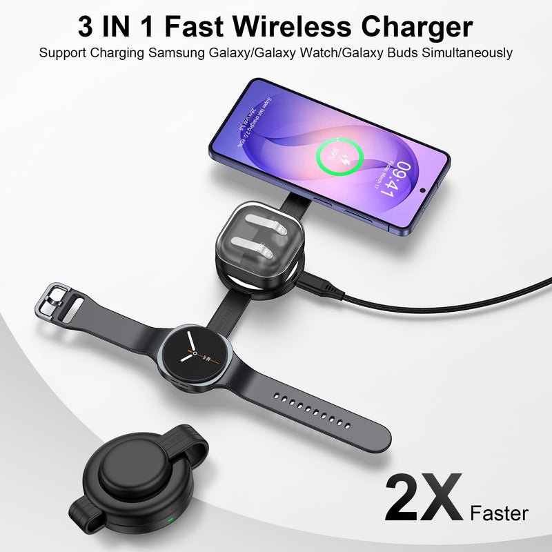 3 in 1 Wireless Charging Station Samsung, Foldable Wire Less Charging Pad for Samsung S26 S25 Ultra S24, Fast Charging Station Galaxy Watch8/7 Galaxy Buds4, Travel Charger for Samsung Multi Devices Wireless Charger Black