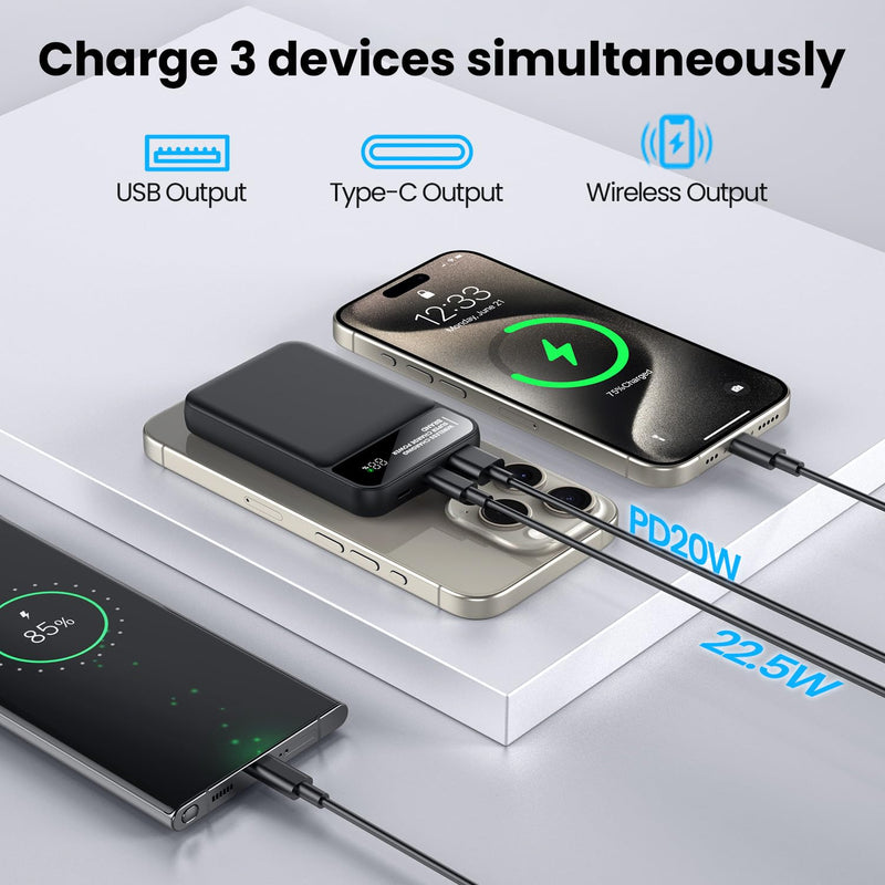 Magnetic Power Bank 12000mAh,3-in-1 Wireless Portable Charger,22.5W PD Fast Charging with LCD Display,Magsafe Battery Pack Compatible with All iPhone 15/14/13/12/iWatch/Airpods/Galaxy Phones Series Black