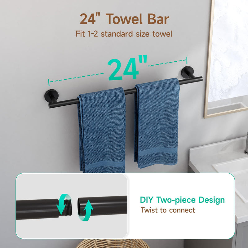 USHOWER Matte Black Bathroom Hardware Set, Modern 24-Inch Towel Bar Set Wall Mounted, Durable SUS304 Stainless Steel Bathroom Accessories Set, 4-Piece 24 Inch (4PCS)