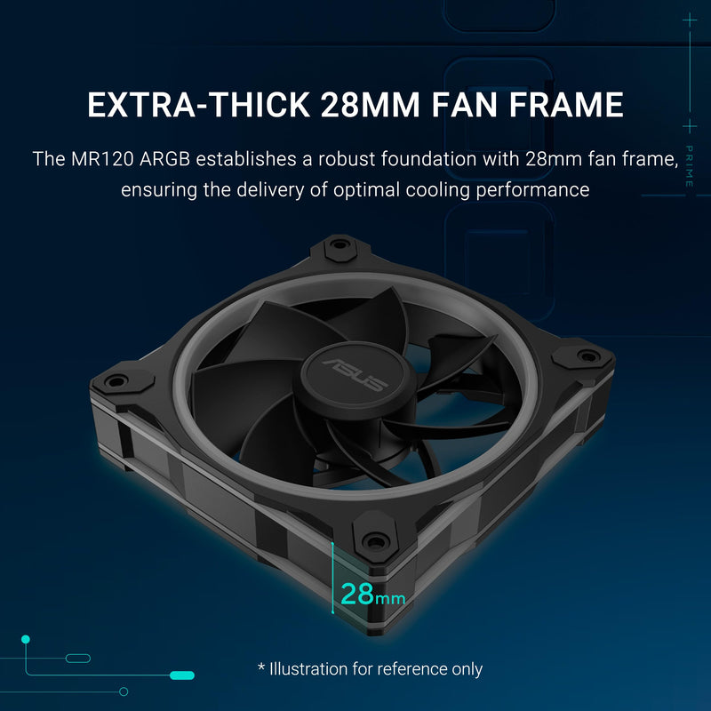 ASUS Prime MR120 ARGB Fan Black Triple Pack, 28mm Extra-Thick Frame, Quiet, high-Performance Cooling with PWM, 20 ARGB LEDs with Dual-Sided Frame Lighting, Aura Sync, 2 Year Warranty 3 Pack MR120 ARGB|Black