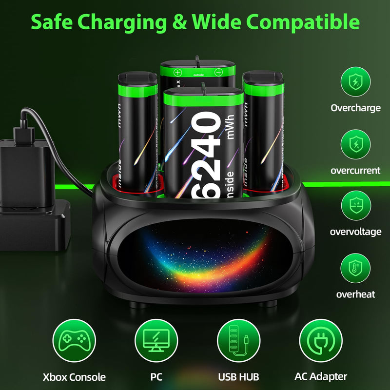 for Xbox Controller Battery Pack for Xbox Series X|S/One/Xbox Elite | 4x6240mWh Batteries for Xbox Controller, Rechargeable Battery pack with Charger, for Xbox Batteery Pack with Fast Charging