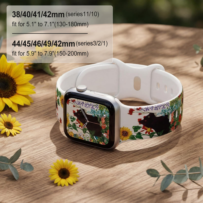 Floral Band Compatible with Apple Watch Band 41mm 40mm 38mm 45mm 44mm 42mm 49mm Women, Soft Silicone Printed Sport Strap for iWatch Series 11 10 9 8 7 6 5 4 3 SE Ultra Wildflower Meadow & Black Cat 38mm/40mm/41mm/42mm(series 11 10)