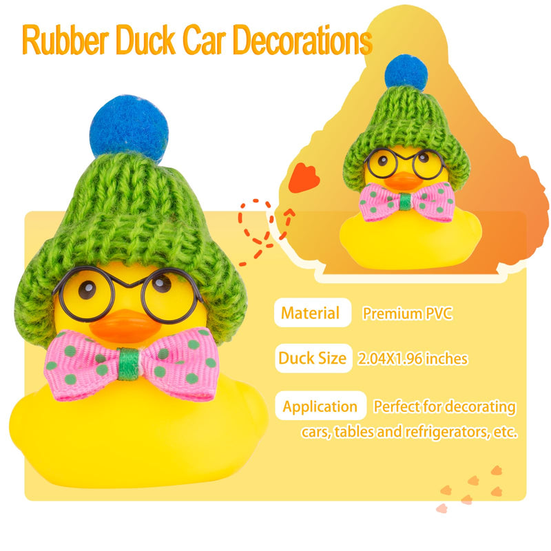 Car Rubber Duck Ornament, Winter Duck Car Dashboard Decoration with Mini Beanie Hat Bow Tie and Glasses(C2) C2-circular Glasses-rose Bow&green