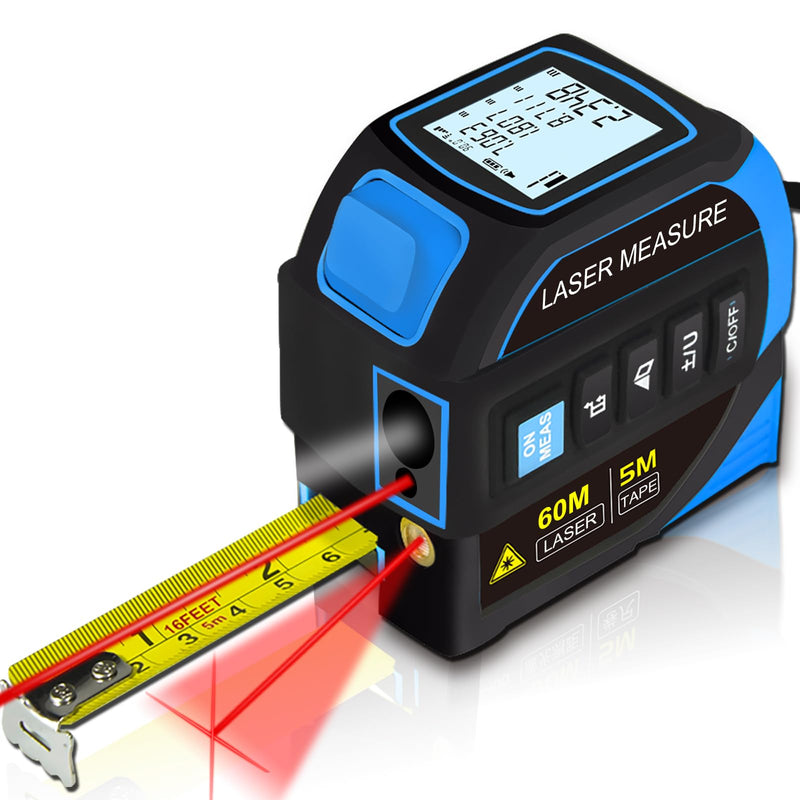 Menider 4-in-1 Laser Measure Tool - Digital LCD & Self-Locking, 196ft/60m Laser & 16ft/5m Tape, Cross Line & Dual-Axis Angle, Rechargeable for Pros