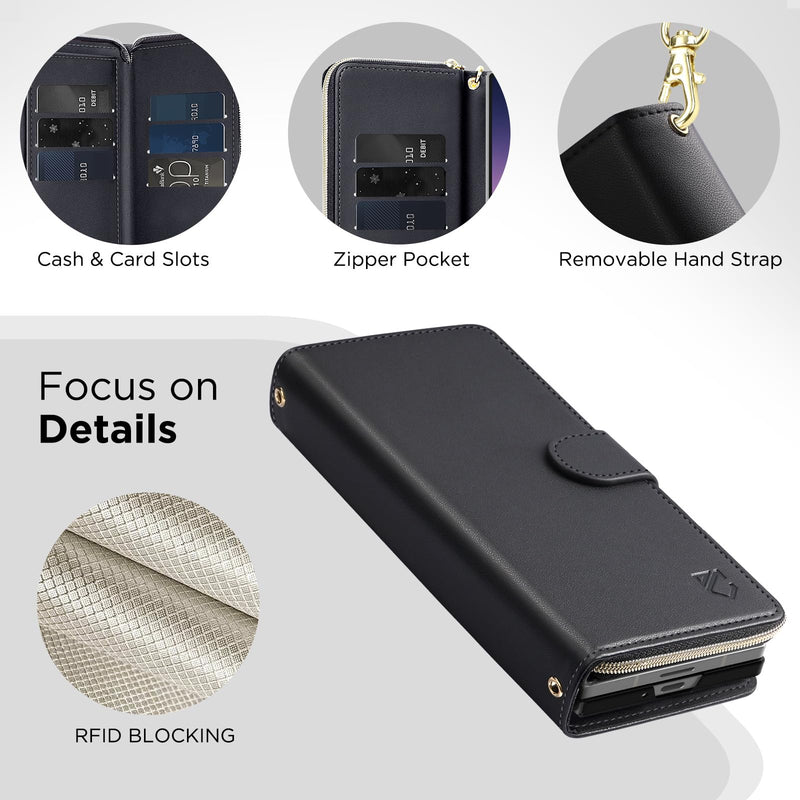 for Samsung Galaxy-Z-Fold-8-Ultra Wallet Case: with RFID Blocking Card Slots (9 Cards) | Soft PU Leather Magnetic Snap Zipper Pocket | Crossbody Wrist Strap Phone Cover - Black