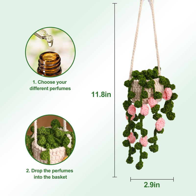 GZPCXMZ Boho Car Plant Crochet Hanging Accessories Crochet Plants for Car Rear View Mirror Cute Car Pink Plants for Women (002)