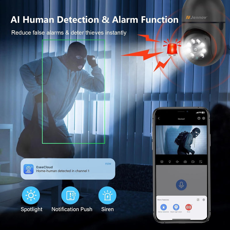 Jennov 2K Light Bulb Security Camera, Auto-Tracking Security Cameras Wireless Outdoor, 360° PTZ, Dual-Band WiFi (2.4G/5G), AI Human Detection, Indoor/Outdoor, E27 Socket-Powered, Compatible Alexa Black Light bulb Camera / 2PK