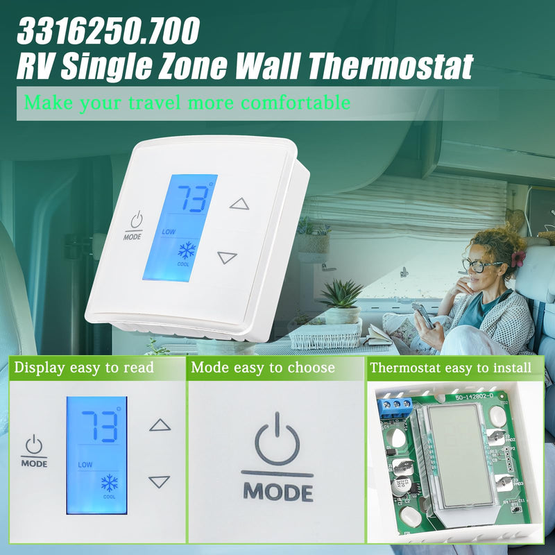 White 3316250.700 RV Single Zone Wall Thermostat for Dometic RV/Camper Conditioners, Three Input Areas, Bright Blue Backlight Self-extinguishing w/Digital Temperature Display, Cool/Furnace/Heat Strip