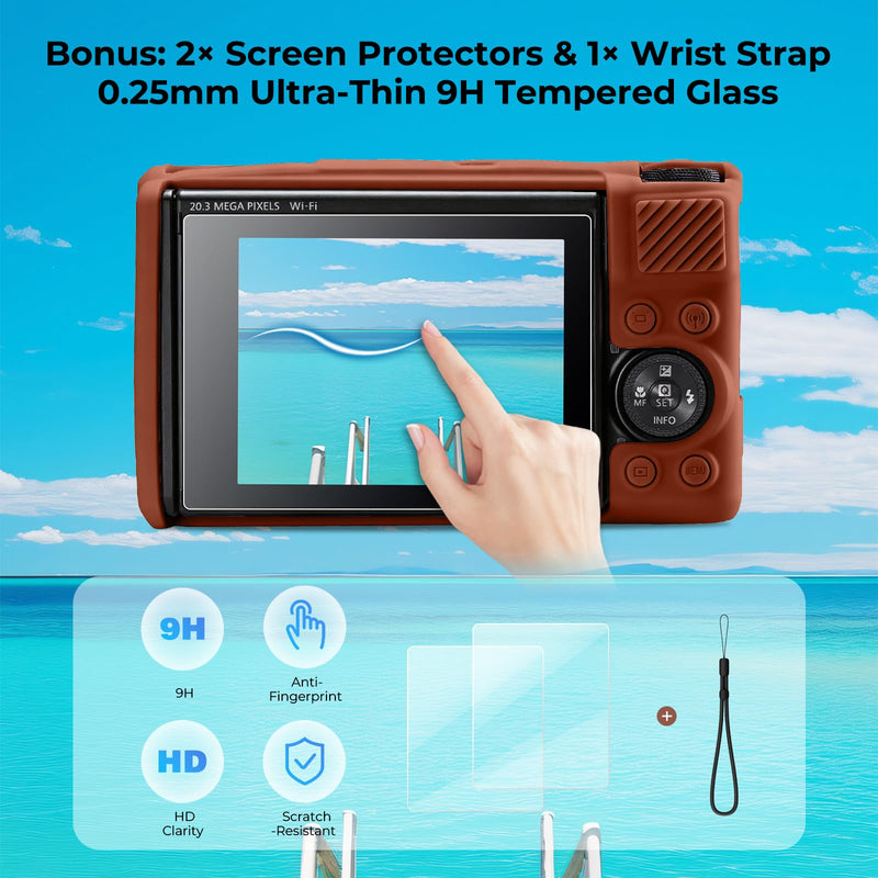 Silicone Camera Case for Canon PowerShot SX740 / SX730 HS Digital Camera, Soft Silicone Protective Case, Removable Lens Cover with 2 x Tempered Glass Protectors & 1 x Wrist Strap – Brown