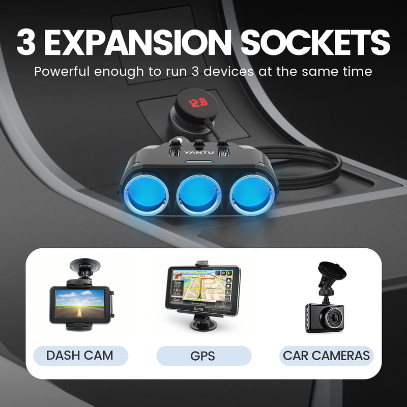 YANTU Cigarette Lighter Adapter & Splitter with 150W 3-Sockets & LED Ambient Lighting, Dual USB Fast Charging Car Outlet 12V, Car Cigarette Lighter Socket Plug Extension for Vehicles BLACK