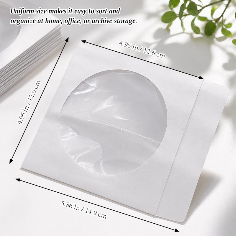 100 PCS Thick White CD/DVD Paper Sleeves with Clear Window and Flap, Dust-Proof Disc Storage Envelopes for CDs, DVDs, Music, Movies and Office Organization
