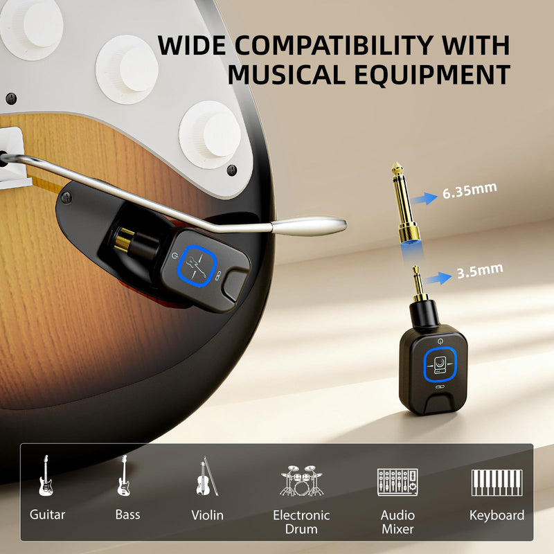 Wireless Guitar System 5.8GHz with Charging Box, Wireless Transmitter Receiver with 6.35mm/3.5mm 2-in-1 plug, 6 Channels, 18H Total Battery Life, for Electric Guitars, Bass black