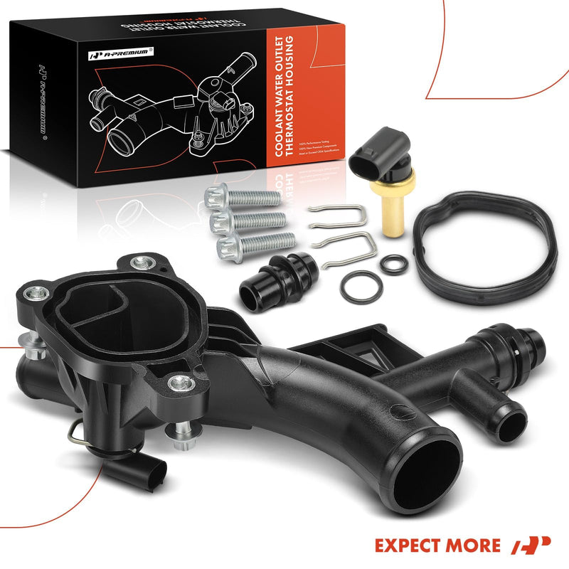 A-Premium Engine Coolant Thermostat Housing Water Outlet w/Sensor Compatible with Buick, Chevy Vehicles - 1.4L Only - Cruze 11-15, Sonic 12-20, Trax 13-20, Encore 13-20 - Replaces 25193922