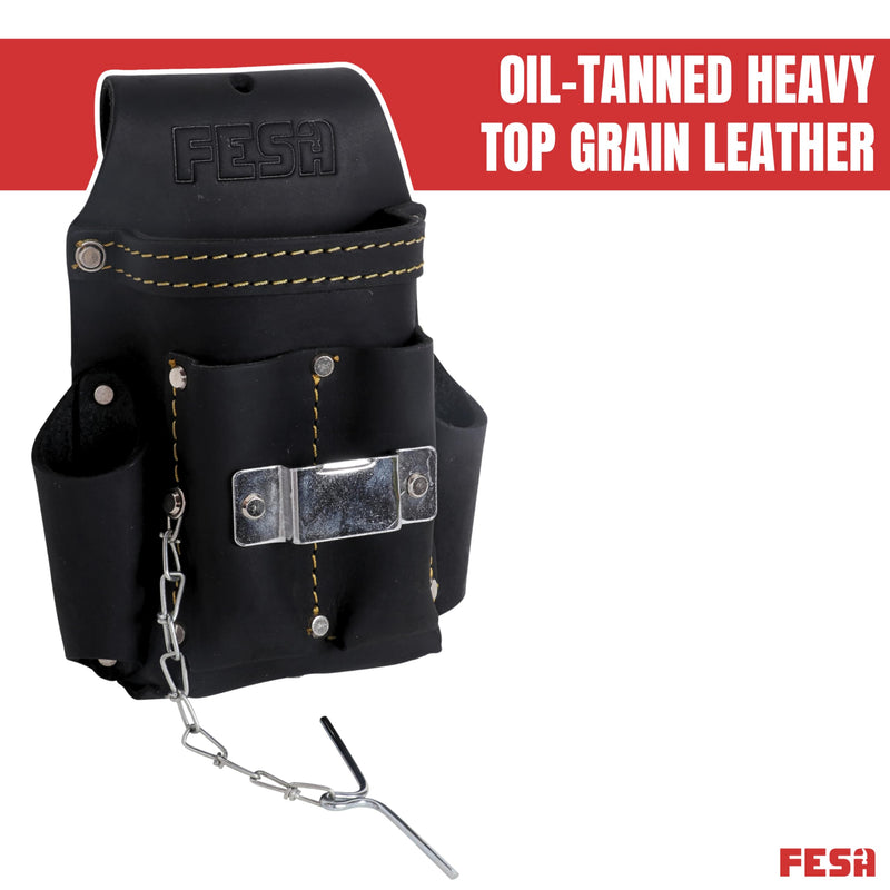 FESA Small Electrician's Tool Pouch - Leather 7-in-1 Small Tool Pouch with Steel Tape Measure or Drill Clip, Tape T-Chain & 5 Pockets - Clip On Any Belt - Handcrafted Black