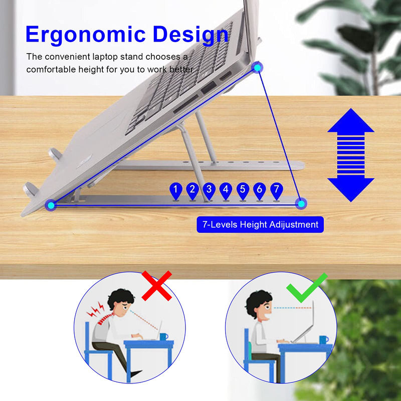 Laptop Stand - Adjustable Ergonomic Aluminum Stand, 7 Angle Anti-Slip, Compatible with 9-15.6 inch Laptops, Silver