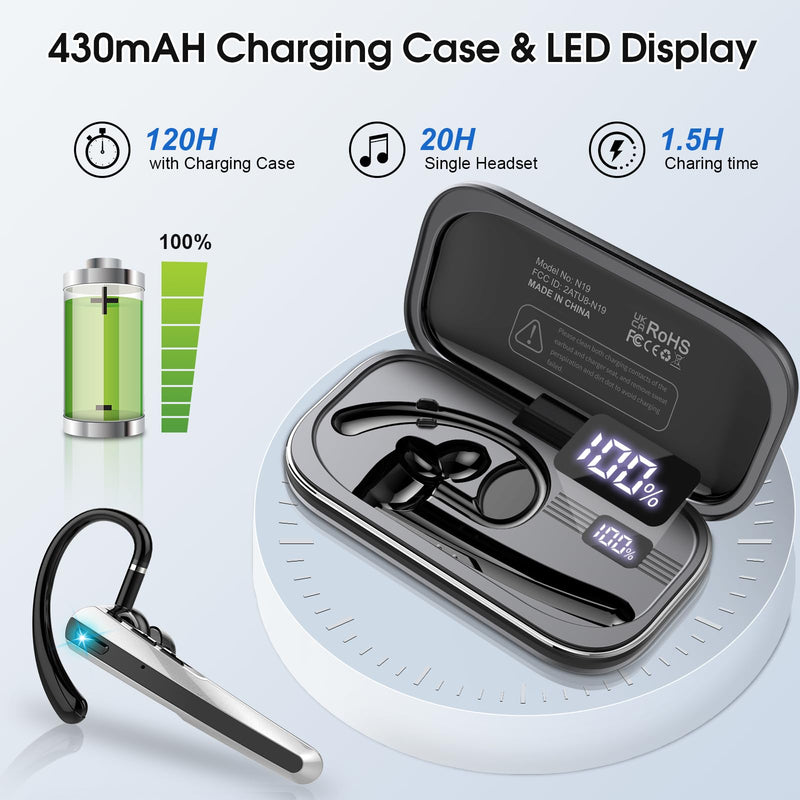 Bluetooth Headset V5.3, Wireless Headset with ENC Noise Canceling Mic | 120Hrs Talk Single-Ear Bluetooth Earpiece, LED Display, IP7 Waterproof Hand-Free Earphone for Business/Trucker/Driver Mysterious Black