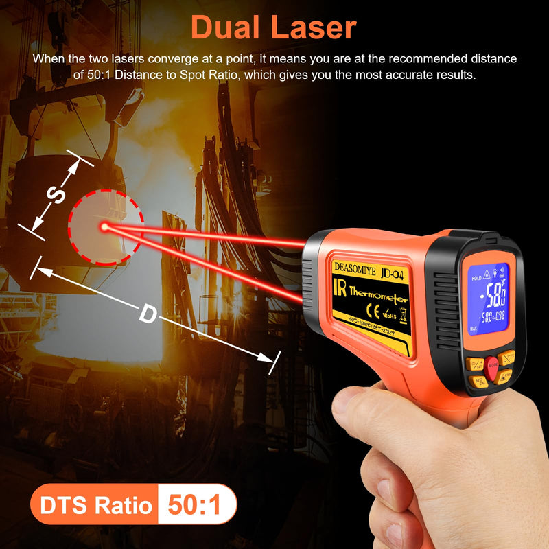 '-58°F to 2732°F Digital Infrared Thermometer Gun, 50:1 Distance Ratio Laser Temperature Gun with MAX/MIN/AVG Measure and Alarm, Heat IR Temp Gun for Cooking, Griddle, HVAC, Industrial Forging Coral