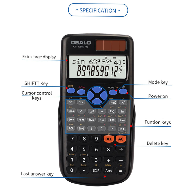 OSALO Scientific Calculator 240 Function 2 Line Basic Large Display Solar and Battery Calculators 10+2 Digits Written for Middle School Students College (OS 82MS Pro) OS 82MS Pro
