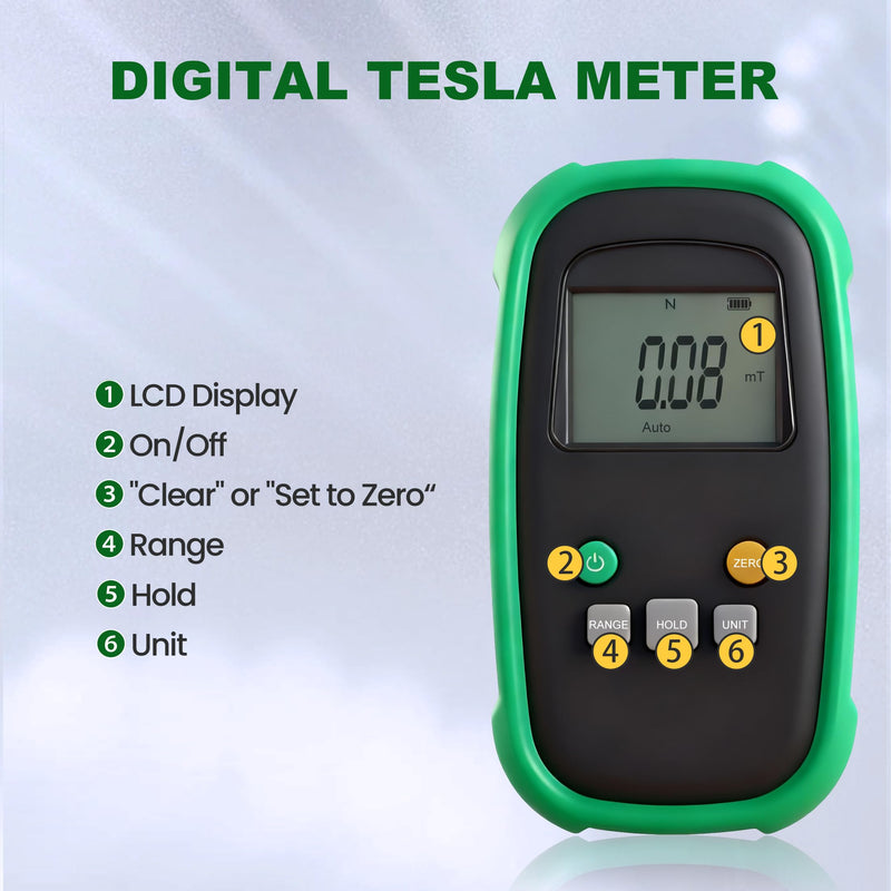 Digital Tesla Meter Gaussmeter with 0-200mT/0-2000mT Auto Switch Range Gauss Meter with Accuracy ±2% (0~1000mT)/±5% (1000~2400mT) Magnetic Field Tester for DC Magnetic Fields (Model TES12A) Upgraded Version-Accuracy: ±5%