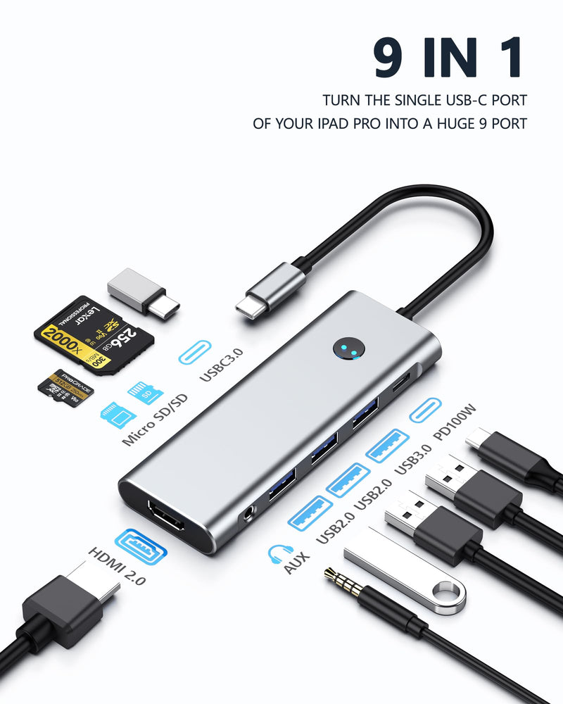 USB C HUB 4K 60Hz for iPad Pro 9-in-1 Adapter iPad Pro 12.9 11 inch iPad Air 5 4 Docking Station with 4K HDMI, 100W PD, SD/TF Card Reader, USB 3.0, 3.5mm Audio Jack, Type C Data, iPad mini 6