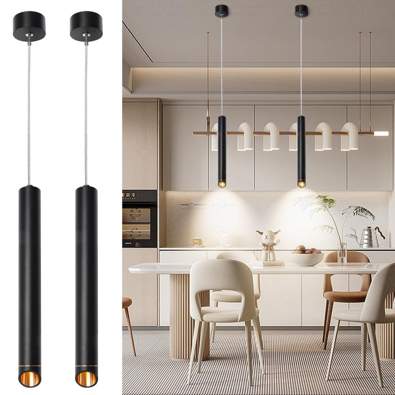 Rechargeable Pendant Lights Fixtures for Kitchen Island, Modern Pendant Light, 6000mAh Battery, 3 Color Dimmable No Wiring Hanging Lights, Adjustable Industrial LED Cylinder Pendant Lamp-Black