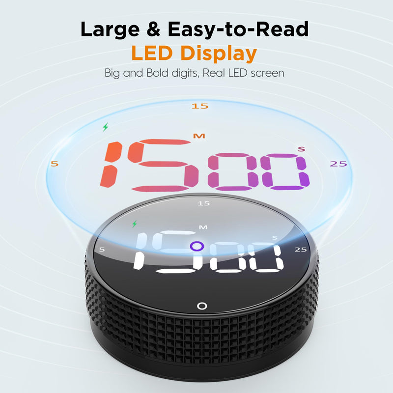 Rechargeable Magnetic Kitchen Timer-Loud Alarm Visual Productivity Timer&Pomodoro Timer with Large LED Display,3 Presets(5/15/25min),3 Volume Levels.Ideal for Cooking Fitness&Office Use(Blk) Black