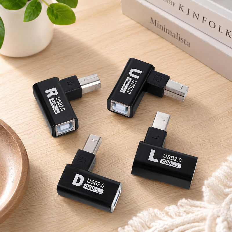 90 Degree USB B Printer Adapter Type-B Male USB 2.0 to Female Extension Adapter 4 Pcs Up+Down+Right+Left Angled Printing and Data Extension Adapters for Printer Scanner