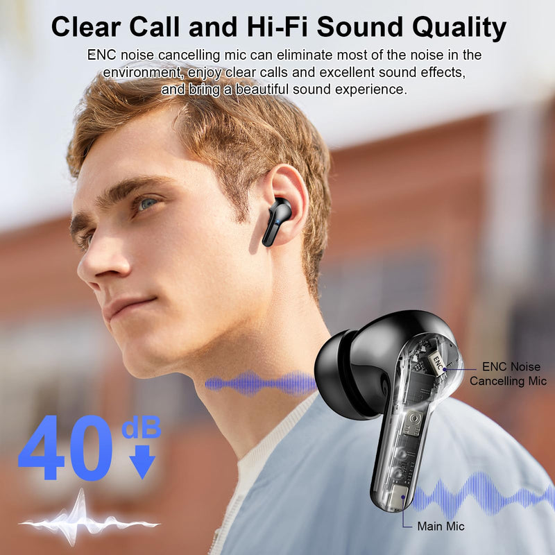 Wireless Earbuds, 48Hrs 2026 Bluetooth Headphones, Hi-Fi Stereo Deep Bass Ear Buds, ENC Noise Cancelling Mic, Clear Calls, IP-X7 Waterproof, USB Sport Earphones in Ear for Phones Laptop Pad, Black