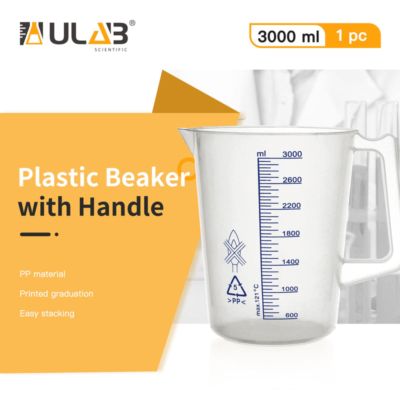 ULAB Scientific Beakers, Plastic Beakers with Handle, Printed Graduation in Blue, Vol. 3000ml(101oz), UBP1019 Vol.3000ml with handle,blue printed graduation