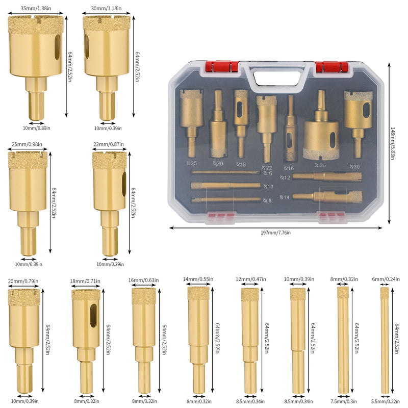 12-Piece Diamond Drill Bit Hole Saw Kit for Ceramic, Glass, and Tile Cutting - Perfect for Drilling Porcelain, Marble, Granite, and Gypsum - Includes Sizes from 0.24 Inch to 1.38 Inch (6mm to 35mm)