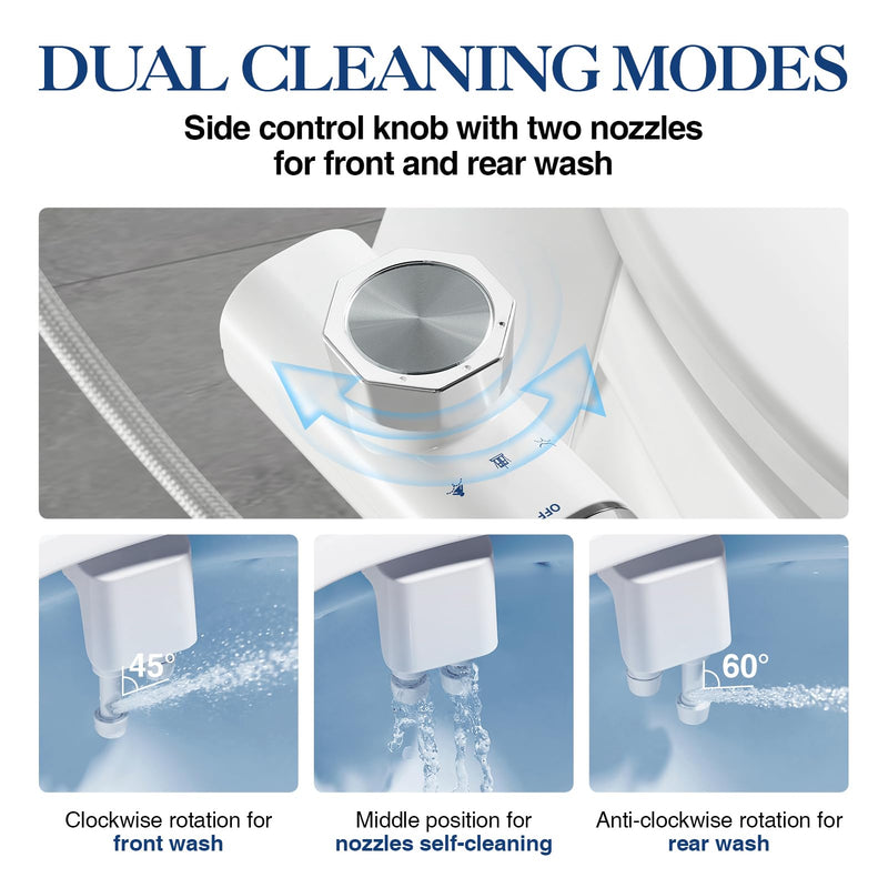 Non-Electric Bidet Attachment for Toilet Seat, Daul Clean Nozzles 3 Modes Adjustable Water Pressure Bidet Toilet Seat Attachment with Pressure Controls Feminine/Posterior Wash (TT17N) White
