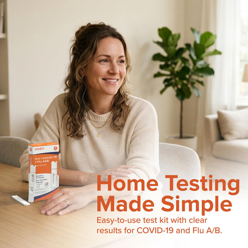 2San COVID & Flu Combo Test, 3-in-1 Rapid Antigen Home Test (2 Pack) | Detects COVID-19, Flu A & Flu B from one nasal swab - results in 10 minutes - for ages 2 and up